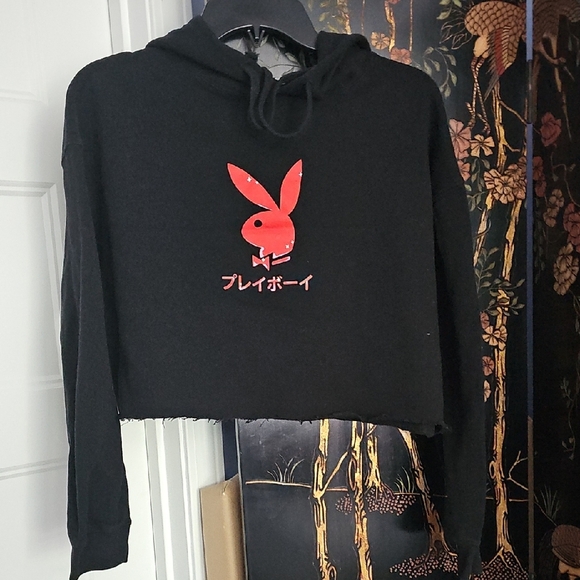 PLAYBOY Black Cropped Hoodie with Japanese Bunny Logo - Picture 1 of 1